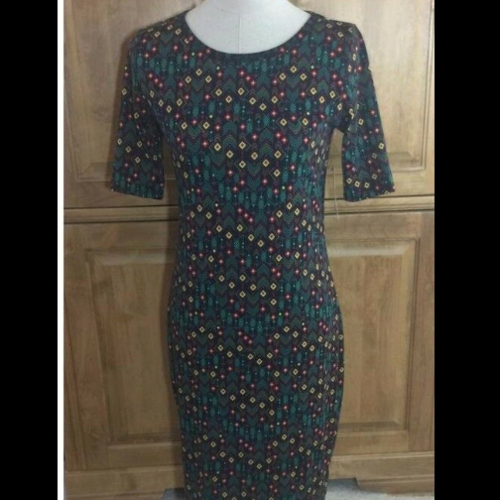 LuLaRoe Julia Pencil Dress Black Teal Yellow Small